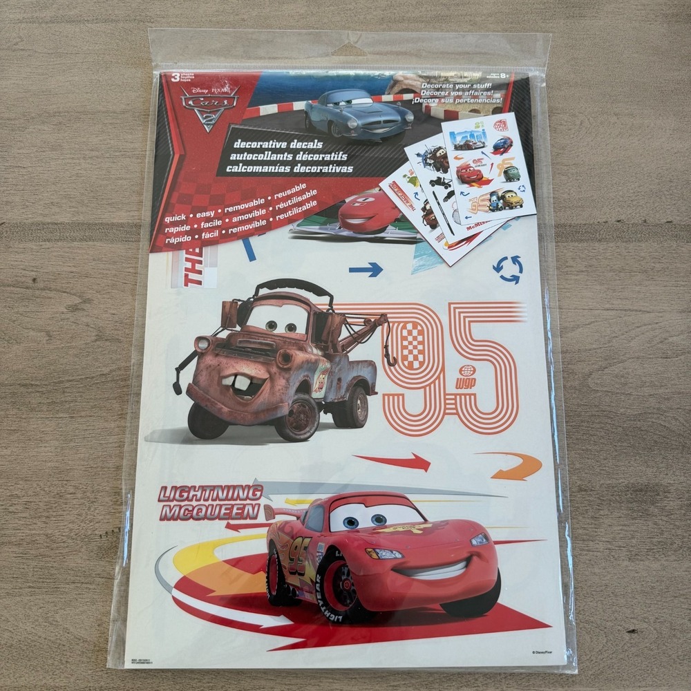 Disney Pixar "CARS" Decorative Wall Decals  3 Sheets Reusable New Sealed Pack